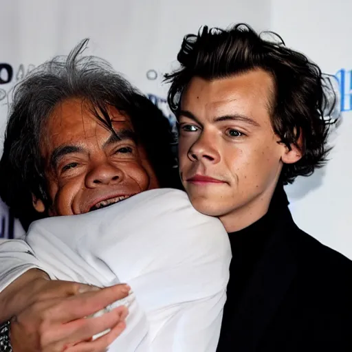 Prompt: Harry Styles hugging Juan Gabriel