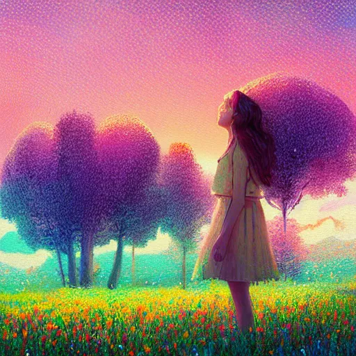 Image similar to girl with blooming face, surreal photography, dream, standing in flower field, hills, big trees, sunrise dramatic light, impressionist painting, colorful clouds, digital painting, pointillism, artstation, simon stalenhag