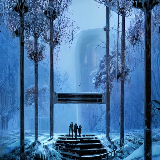 Image similar to stairs leading to a frozen derelict portal in a middle of a snowy lush futuristic forest, lush world seen only through a portal, daylight, cinematic lighting, blue sky, syd mead, john harris