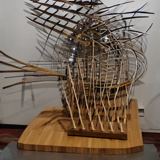 Prompt: a kinetic sculpture made with bamboo