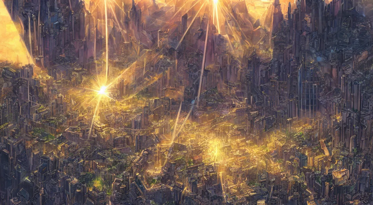 Image similar to fortress accadamy of tower cristal a spectacular view cinematic rays of sunlight comic book illustration, by john kirby