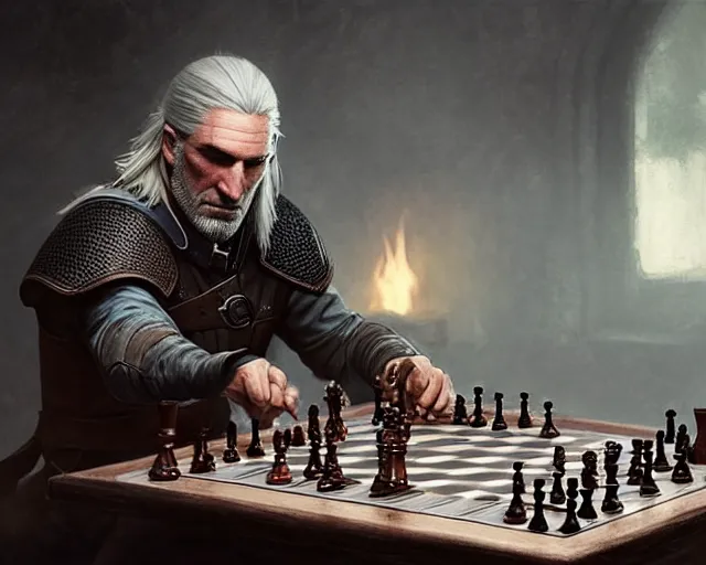 Prompt: 5 5 mm portrait photo of geralt playing chess. magical atmosphere. art by greg rutkowski. highly detailed 8 k. intricate. lifelike. soft light. nikon d 8 5 0.