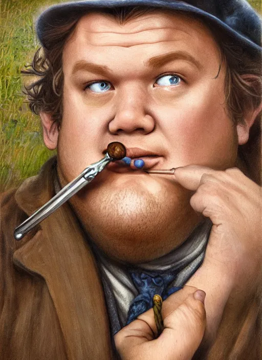Prompt: james corden as meriadoc brandybuck, hobbit smoking a pipe, by alan lee, lord of the rings, smooth, oil painting, matte painting, concept art, trending on artstation, promotional artwork, film still, elegant, photorealistic facial features, intricate, detailed face, cinematic lighting