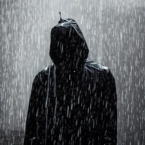 Prompt: a man in a black raincoat looking longingly outside at a torrential downpour of rain, moody lighting