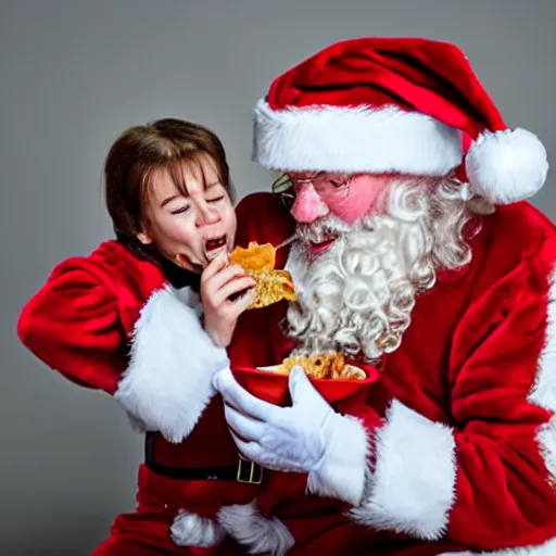 Prompt: santa unhinging his jaw while eating a child