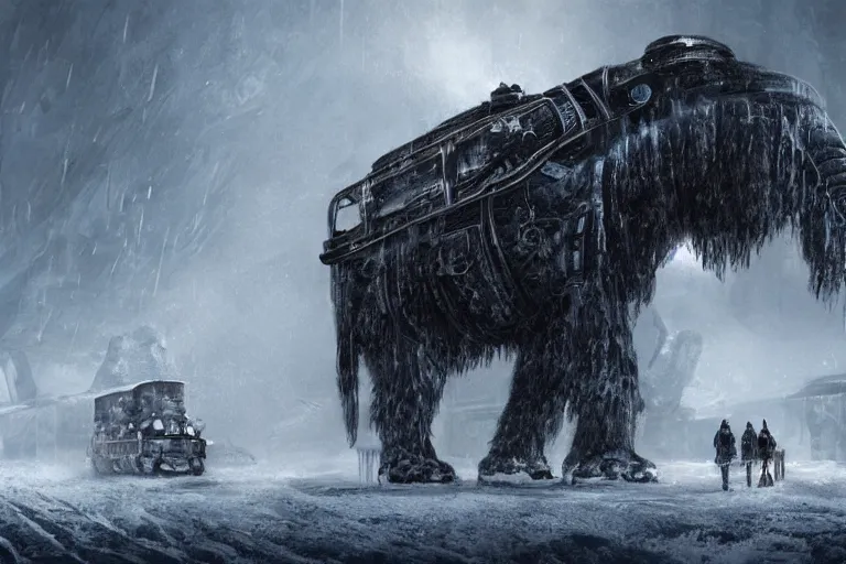 Image similar to a grand intricate futuristic black steam train next to a giant mammoth, post - apocalyptic ice landscape in snowstorm, concept art, artstation, highly detailed, digital art