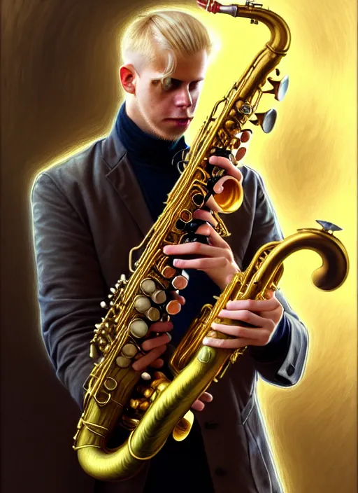 Image similar to portrait of a blond man playing sax, warhammer 40000, cyberpunk, intricate, elegant, highly detailed, digital painting, artstation, concept art, smooth, sharp focus, illustration, art by artgerm and greg rutkowski and alphonse mucha and Gustav Klimt