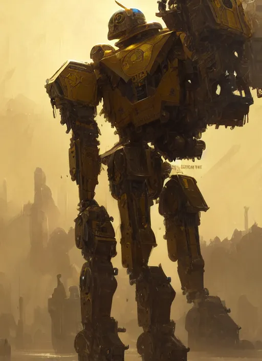 Image similar to human-sized strong intricate yellow pit droid carrying very detailed perfect antique great sword and beautiful large paladin shield, pancake short large head, exposed metal bones, painterly humanoid mecha, slightly far away, by Greg Rutkowski epic glorious trending on Artstation