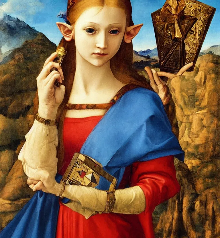 Prompt: oil painting half-length portrait of Princess Zelda holding the triforce and an ocarina by Leonardo da Vinci