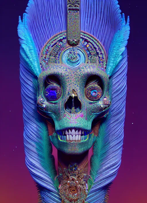 Image similar to 3 d goddess portrait, 8 k micro details global illumiantion beautiful intricate highly detailed quetzalcoatl skull and feathers. bioluminescent, fire, snow, water, wind, creature, thunderstorm! artwork by tooth wu and wlop and beeple and greg rutkowski, trending on artstation,