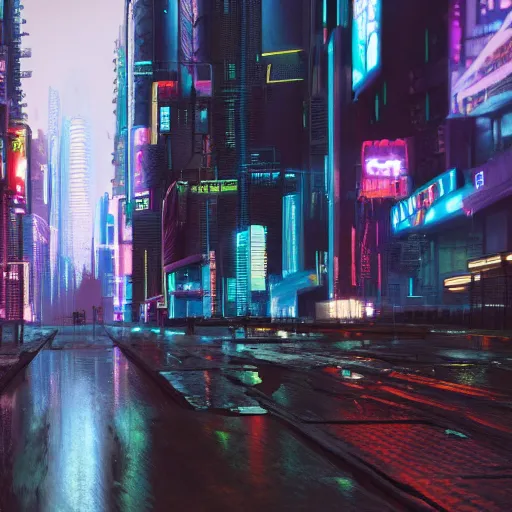 Image similar to a cyberpunk city in the rain, photo realistic, 8k