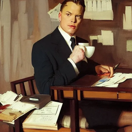 Image similar to man in desk with coffee and black suit by leyendecker and dean cornwell, 8 feet from the camera, 6 0 ´ s bauhaus furniture