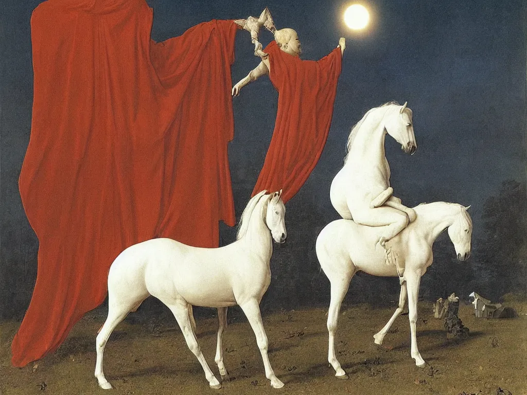 Prompt: albino mystic, with his back turned, with beautiful exotic horse in the day of the eclipse. Painting by Jan van Eyck, Audubon, Rene Magritte, Agnes Pelton, Max Ernst, Walton Ford