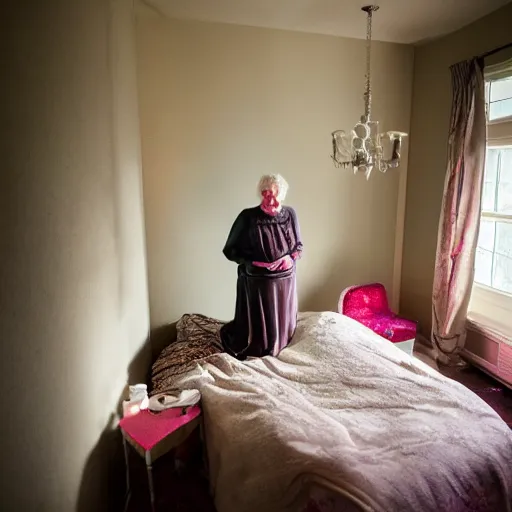 Prompt: older woman inside her bedroom, dramatic colored lighting, mysterious ambiance : : gregory crewdson photo style : : nikon d 8 1 0, ƒ / 2. 5, focal length : 8 5. 0 mm, exposure time : 1 / 8 0 0, iso : 2 0 0