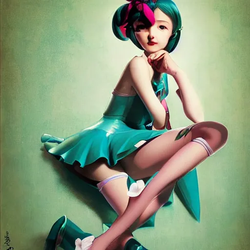 Image similar to Hatsune Miku by Gil Elvgren and Daniela Uhlig