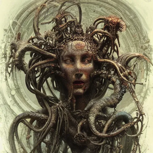 Image similar to biomechanical medusa by gustave dore and gustave moreau and beksinski and giger and craig mullins and jeremy mann