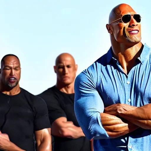 Prompt: dwayne johnson standing next to his identical clone
