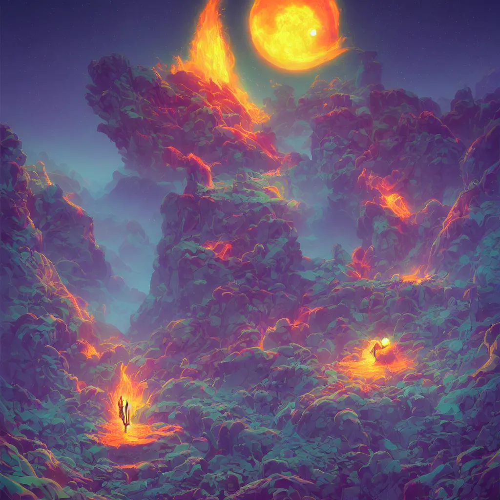 Prompt: Primal Atomic Energies, colorful pixar moongate, digital matte black paper art pastiche by Moebius and by Cyril Rolando, Beautiful epic night fire inscape, pastiche by Moebius, Cyril Rolando, Shawn Coss, Junji Ito, and Roger Dean