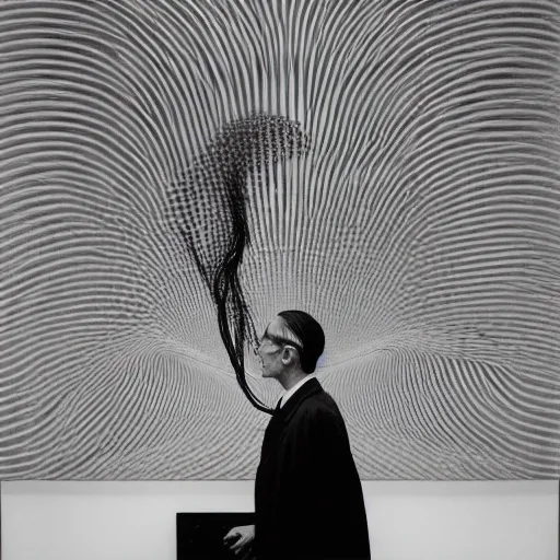 Prompt: a minimalist portrait of Marcel Duchamp holding computer cables in the style of Annie Leibovitz, Irving Penn, Hito Steyerl, Shinya Tsukamoto, Saâdane Afif, Alfredo Jaar line drawing and 35mm film, wide angle, monochrome, futuristic tetsuo