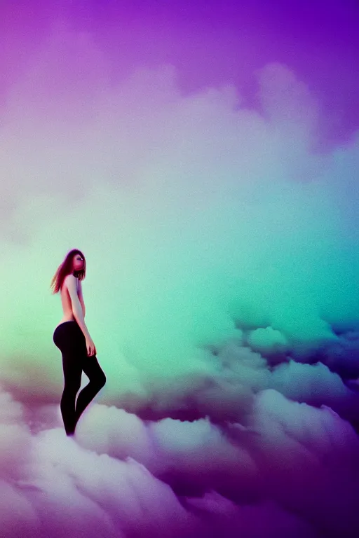 Image similar to high quality pastel coloured film close up wide angle photograph of a model wearing clothing swimming on cloud furniture in a icelandic black rock!! environment in a partially haze filled dreamstate world. three point light, rainbow. photographic production. art directed. pastel colours. volumetric clouds. pastel gradient overlay. waves glitch artefacts. extreme facial clarity. 8 k. filmic.