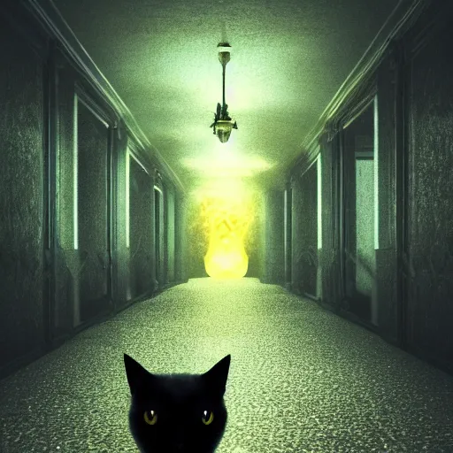 Image similar to a full-body shot of a black void cat with golden glowing eyes at the end of a scary hallway, fairytale, nightmare, hauntingly beautiful, elegant, super detailed, Octane render, reflections