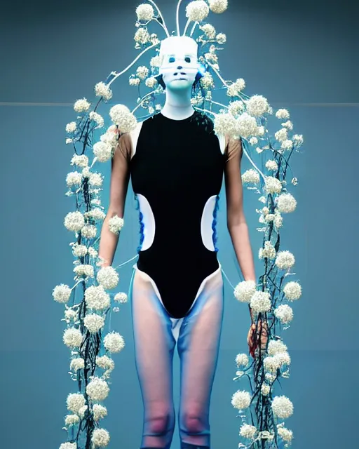 Image similar to symmetrical portrait of a woman wearing a blue embroidered translucent silicone mask and white frizzy hair buns, wearing a black bodysuit by alexander mcqueen, standing in a sterile room full of translucent silicone white flowers and plants, white background, soft diffused light, biotechnology, humanoide robot, futuristic aesthetic, translucent, ethereal, intricate details, highly detailed, masterpiece,