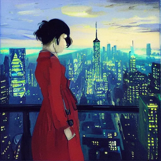 Image similar to “ a girl looking down at a futuristic new york city below, ghostpunk, detailed face, oil painting, studio ghibli, by george bellows ”