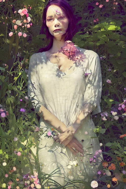 Image similar to beautiful woman in garden, imperil, beauty portrait by greg rutkowski, hilma af klint, moebius, victo ngai, sharp focus, global illumination, highly detailed, masterpiece, award winning, post processing