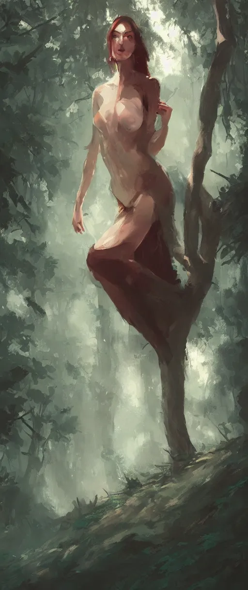 Prompt: A painting of a beautiful woman in a forest trending on artstation in the style of Greg Rutkowski