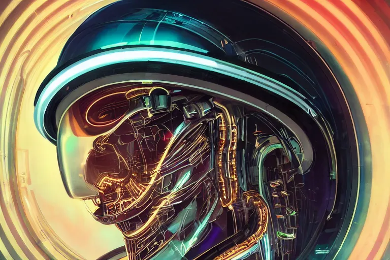 Image similar to portrait of a biomechanical head inside a futuristic space helmet, organic transistors, neon, tron, white metal, iridescent visor, smooth, sharp focus, octane render, high detail, art by Greg Rutkowski and Alphonse Mucha and Giger,