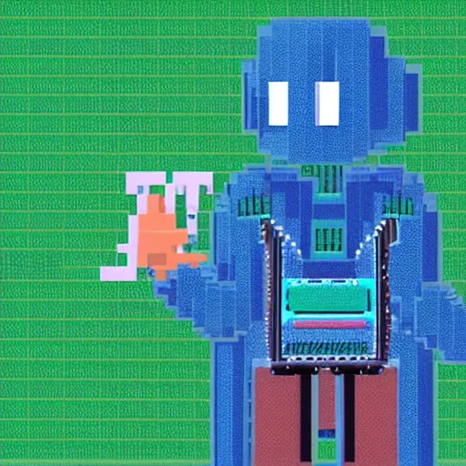 Prompt: blue robot ghost wearing a letterman jacket and genie pants, v mouth, cow lick hair practicing magic in a green slime filled city pixel art wide angle view realistic high detail