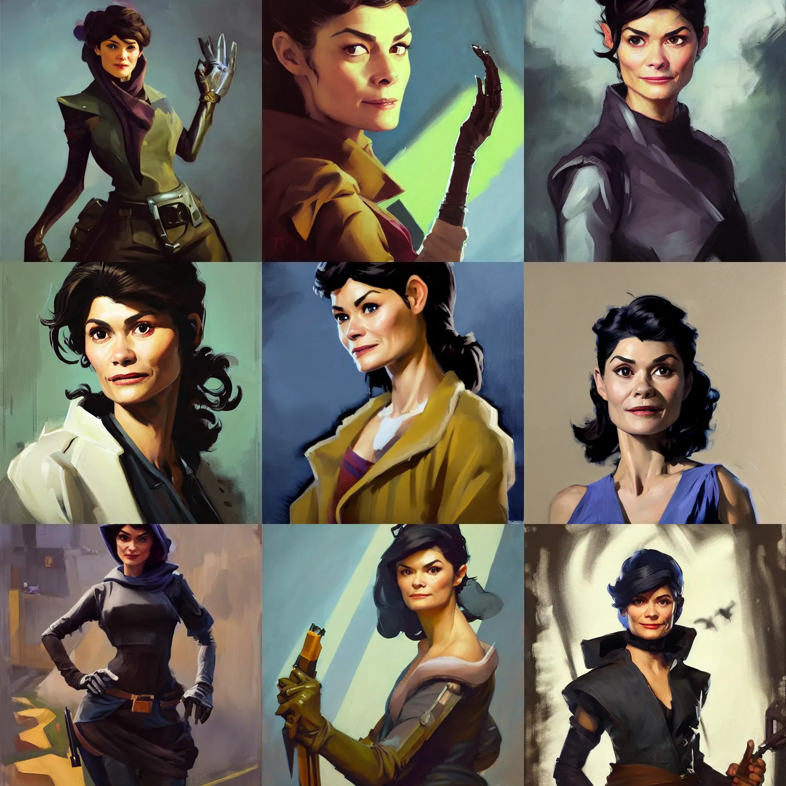 Prompt: greg manchess portrait painting of audrey tautou as dnd thief from fortnite as overwatch character, medium shot, asymmetrical, profile picture, organic painting, sunny day, matte painting, bold shapes, hard edges, street art, trending on artstation, by huang guangjian, gil elvgren, ruan jia, greg rutkowski, gaston bussiere