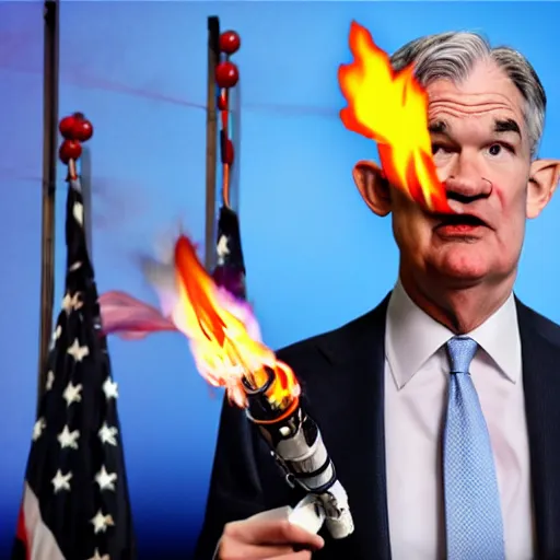 Image similar to photo of Jerome Powell with whiteface clown makeup using a flamethrower projecting a long flame, highly-detailed