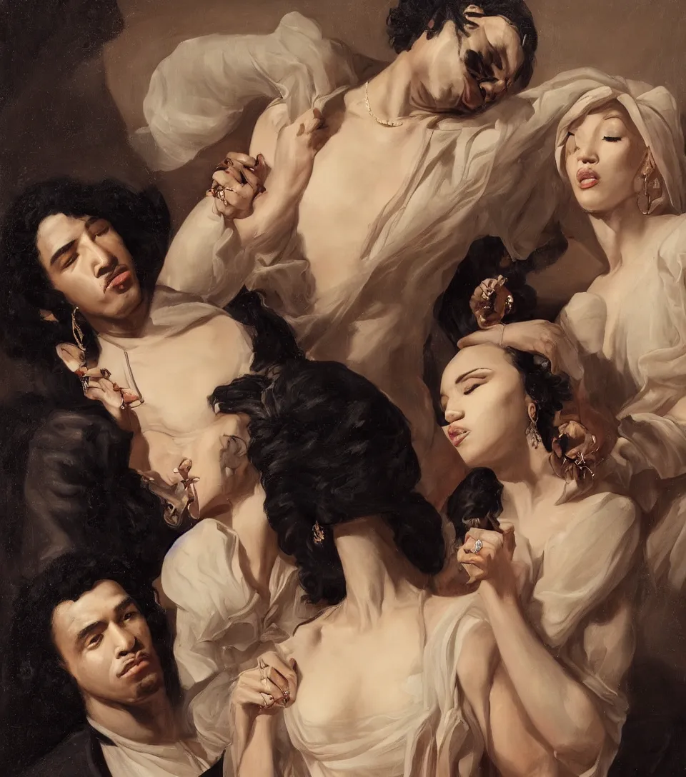 Prompt: portrait of offset and cardi b in the style of roberto ferri
