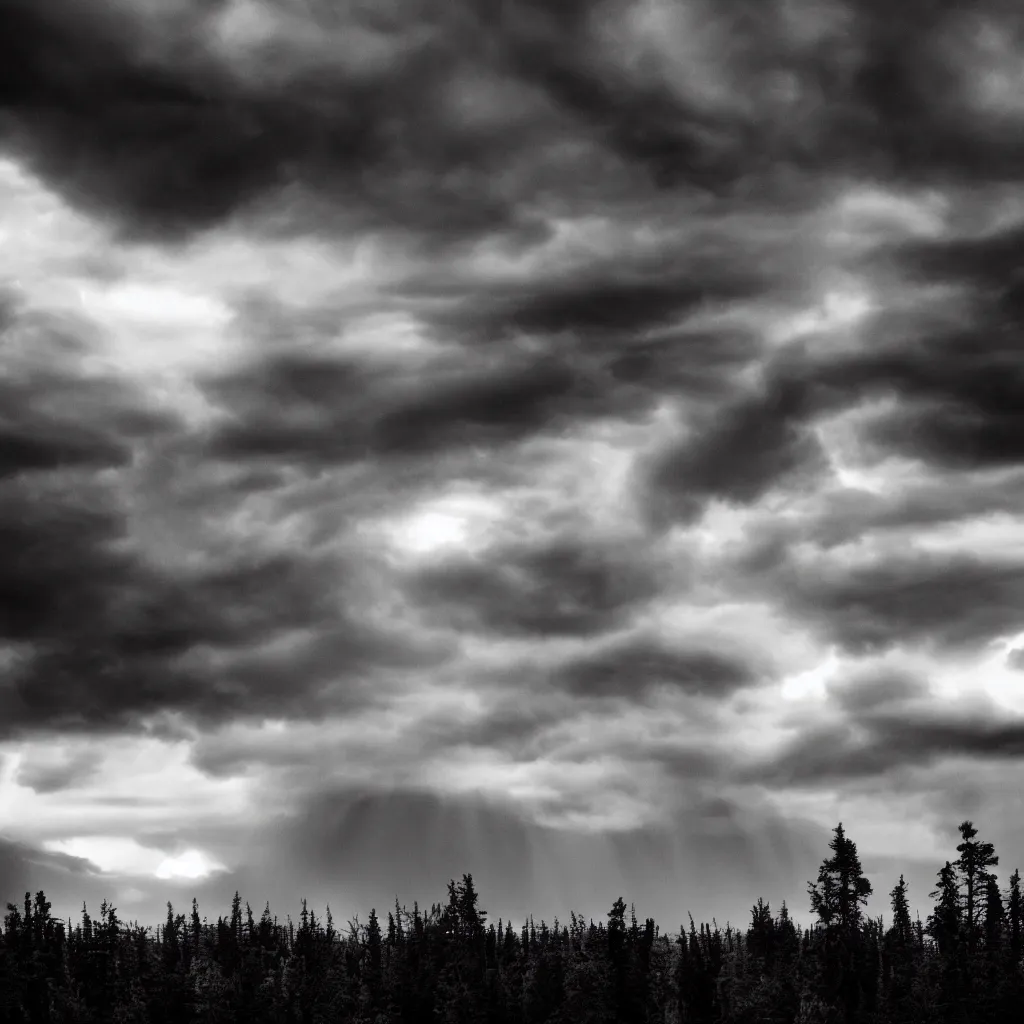 Prompt: morgoth in a huge dark electric storm cloud above dark spruce forest, black metal aesthetics, black and white photo