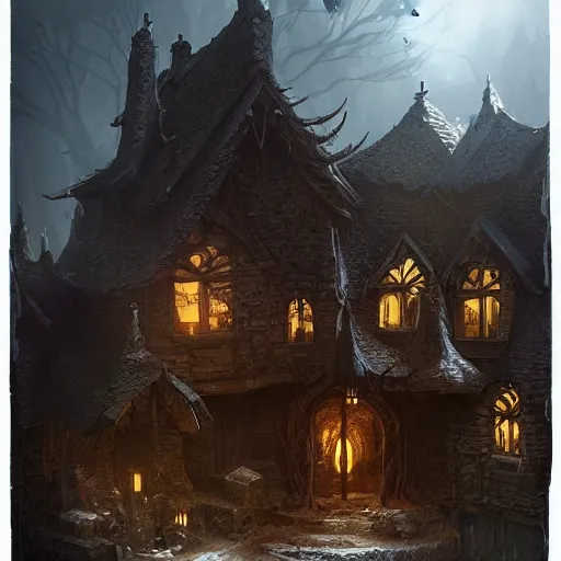 Image similar to a witch's house, fantasy art, in the style of greg rutkowski, illustration, epic, fantasy, cinematic, intricate, hyper detailed, artstation, concept art, smooth, sharp focus, ray tracing