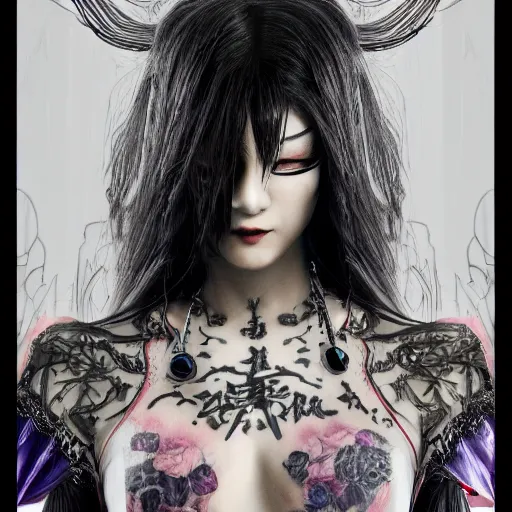 Prompt: japanese gothic model with maximalist hair style and kanji tattoos, style of trinity from the matrix, dark colors, fashion model, portrait shot, depth of field, 8 k, hyper detailed, intricate, trending on artstation