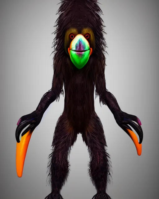 Image similar to realistic bipedal sloth character, long curly fur, full skull shaped face cover, mage robe based on a toucan, 6 toucan beaks, in the style of h. r. giger, stylized, video animation, hogwarts legacy, chromatic aberration, super natural, neon glow