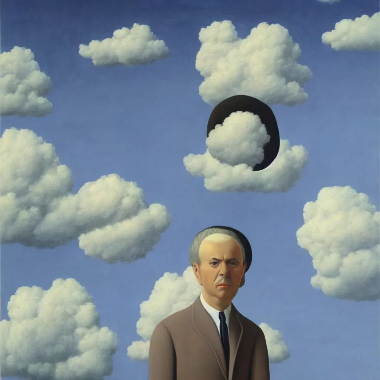 Image similar to portrait of a cloud man by rene magritte, detailed painting, hd, hq, high resolution, high detail, 4 k, 8 k