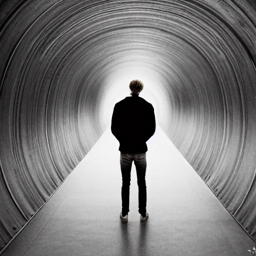 Image similar to kodak portra 1 6 0 photograph of a skinny guy standing in tunnel of light, flower crown, back view, moody lighting, moody vibe, telephoto, 9 0 s vibe, blurry background, tranquil, calm, faded!,