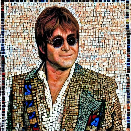 Image similar to elton john lennon in the ancient zeugma, but as an mosaic art. many small stones and nice level of details