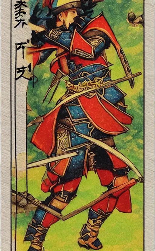 Prompt: Bow Ashigaru, trading card front, magic the gathering artist, matte, vibrant colors