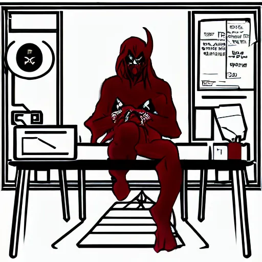 Image similar to dark lord sitting at desk, medium shot, portrait, john k, semi realistic anime, red demon cyberpunk symbols