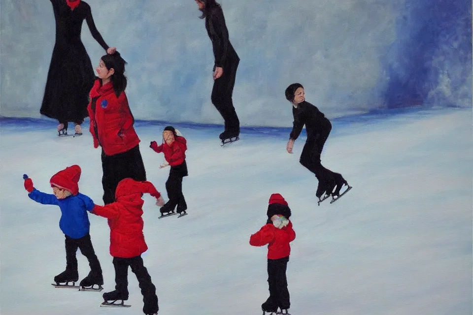 Image similar to “ice skating child and parent, surreal painting, wide angle”