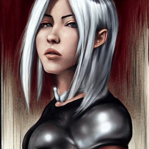 Image similar to portrait of tifa lockhart with silver hair, detailed background, trending on artstartion