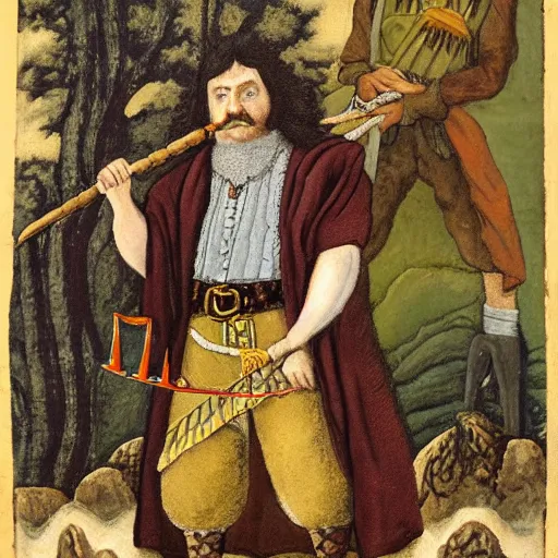 Image similar to a realistic 1 7 th century portrait of harry potter, a man with scottish features and exceptionally large bagpipes wearing quilts and wielding a wand. very pale, with a large pointy nose. hagrid in the background and hedwig on his shoulder