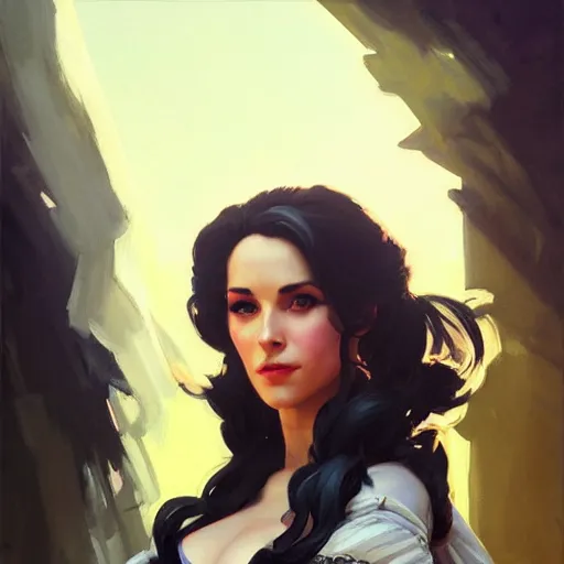 Image similar to Greg Manchess portrait painting of Yennefer of Vengerberg as Overwatch character, medium shot, asymmetrical, profile picture, Organic Painting, sunny day, Matte Painting, bold shapes, hard edges, street art, trending on artstation, by Huang Guangjian and Gil Elvgren and Sachin Teng