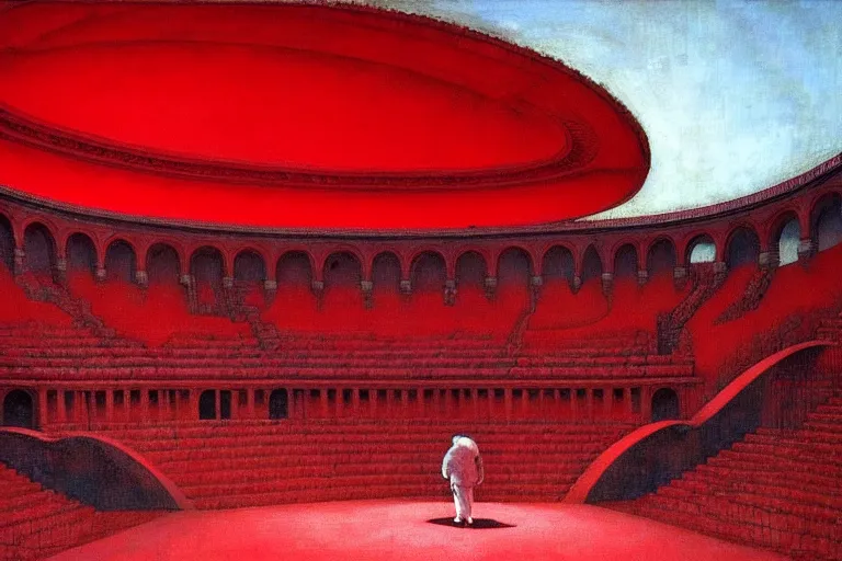 Image similar to only with red, a red melted emperor in an authoritarian position, taormina amphitheatre, crowd hails him, in the style of beksinski, parts by edward hopper, parts by rodcenko, parts by yue minjun, intricate and epic composition, red by caravaggio, insanely quality, highly detailed, masterpiece, red light, artstation, 4 k