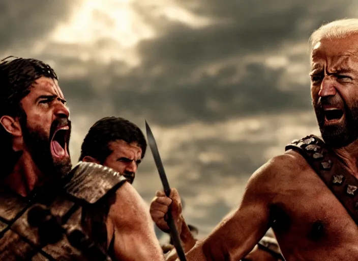 Prompt: film still of joe biden as leonidas shouting in 3 0 0 movie, 8 k, epic moody sky, dramatic lighting