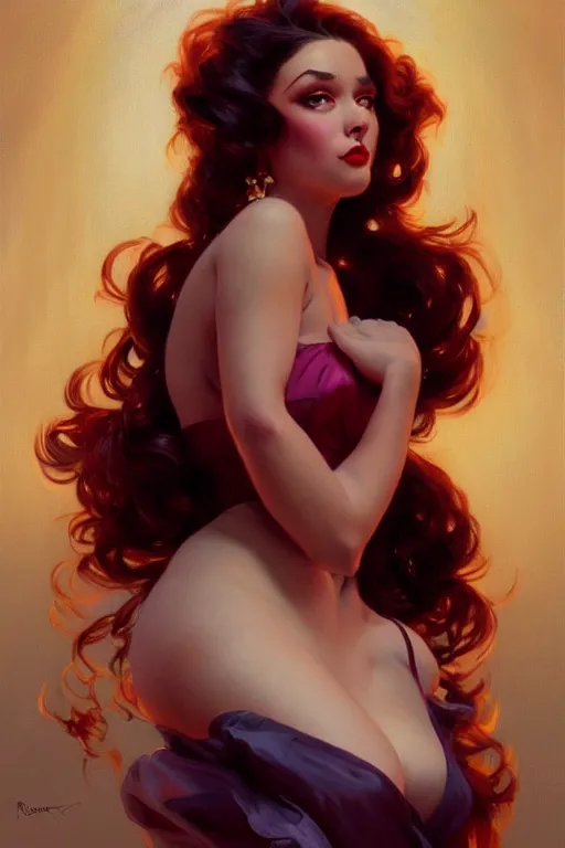 Image similar to a beautiful voluminous woman burlesque dancer on a stage, portrait, highly detailed, digital painting, artstation, concept art, smooth, sharp focus, illustration, cinematic lighting, art by artgerm and greg rutkowski and alphonse mucha